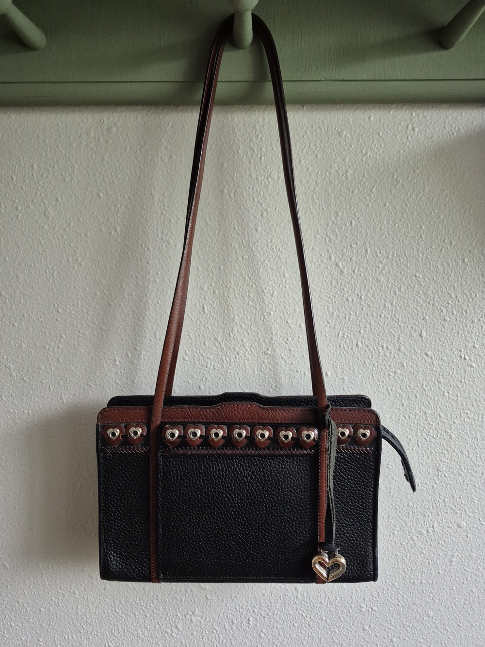 Brighton Jagger Black Pebbled Leather Shoulder Bag with Brown Trim Heart Charm